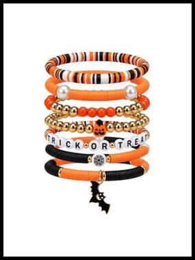 Halloween Stretch Bracelet Set Pumpkin Bat Ghost Charm Bead Stackable Party